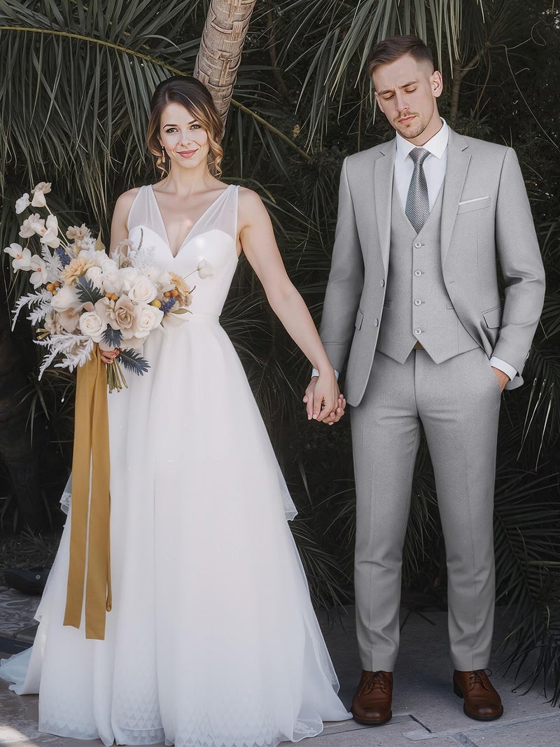 WEEN CHARM بدلات WEEN CHARM للرجال، مجموعة بدلة مكونة من 3 قطع بتصميم نحيف مع سترة ذات زرين، سترة، بنطلون، توكسيدو لحفلات الزفاف، الحفلات، المناسبات، الأعمال باللون الرمادي الفاتح - Image 2